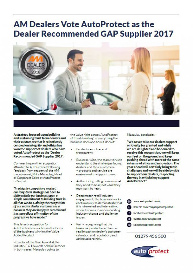 AM Dealers Vote AutoProtect as the Dealer Recommended GAP Supplier 2017
